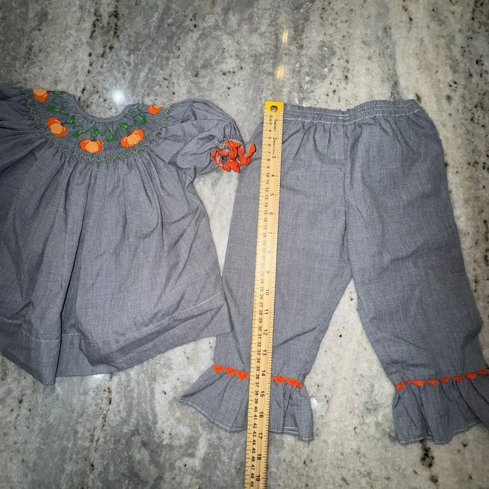 Remember Nguyen Smocked Pumpkin Gingham Set Top Flare Pants Girls 12 M Harvest